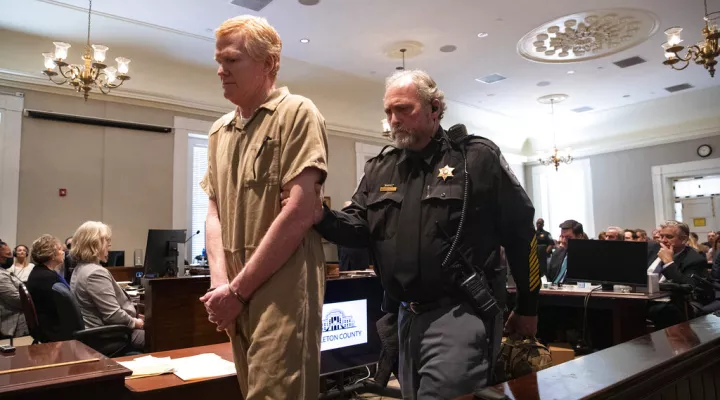Alex Murdaugh sentenced to life in prison after conviction in double murder trial during his sentencing at the Colleton County Courthouse in Walterboro, S.C.,  on Friday, March 3, 2023 after he was found guilty on all four counts. (Andrew J. Whitaker/The Post And Courier via AP, Pool)