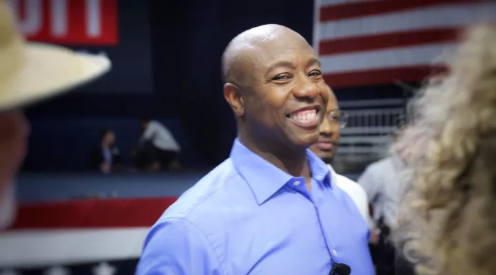  Republican Sen. Tim Scott greets voters after announcing he's running in the 2024 presidential race at his alma mater May 22, 2023 
