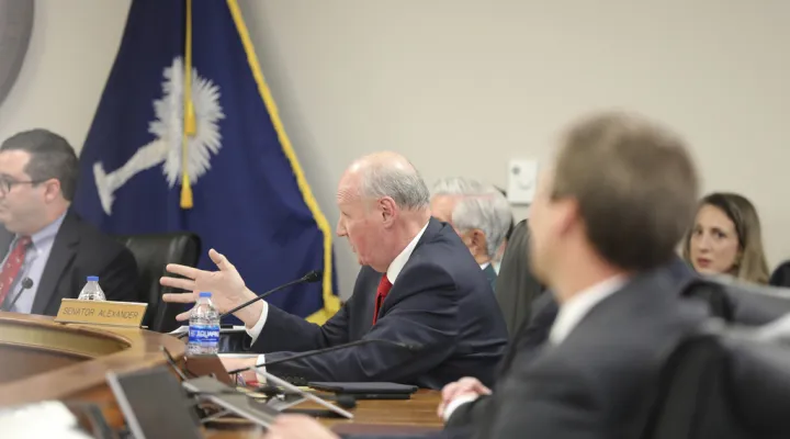 South Carolina Senate President Thomas Alexander, R-Walhalla, speaks at a conference committee discussing the state budget on Wednesday, June 7, 2023, in Columbia, S.C. (AP Photo/Jeffrey Collins)