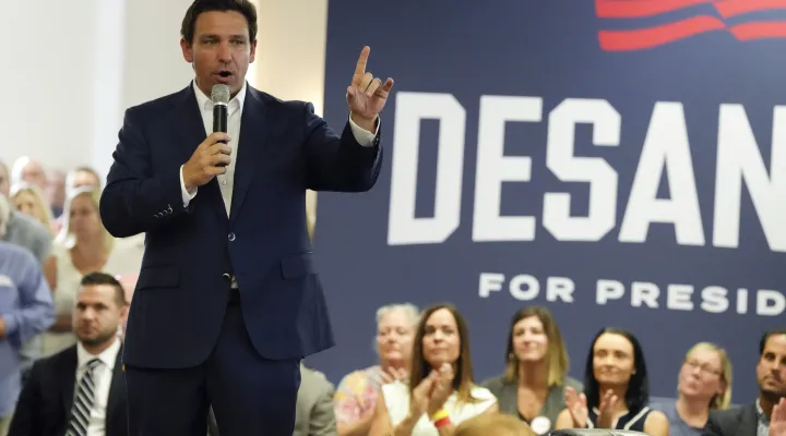 Republican presidential candidate Florida Gov. Ron DeSantis speaks during a campaign event on Monday, July 17, 2023, in Tega Cay, S.C. (AP Photo/Meg Kinnard)