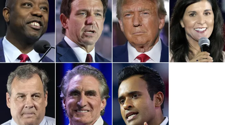 This combination of photos shows Republican presidential candidates, top row from left, Sen. Tim Scott, R-S.C., Florida Gov. Ron DeSantis, former president Donald Trump, and former South Carolina Gov. Nikki Haley, and bottom row from left, former New Jersey Gov. Chris Christie, North Dakota Gov. Doug Burgum and Vivek Ramaswamy. With less than a month to go until the first 2024 Republican presidential debate, seven candidates say they have met the qualifications for a podium slot. But that also means that a…