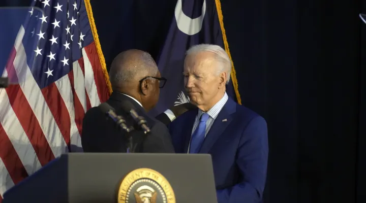U.S. Rep. Jim Clyburn, D-S.C., introduces President Joe Biden, right, at the South Carolina Democratic Party's First-in-the-Nation Dinner, Saturday, Jan. 27, 2024, in Columbia, S.C. Speaking one week ahead of South Carolina's lead-off primary, Biden thanked Clyburn for his endorsement ahead of the state's 2020 vote, which turned around his campaign. (AP Photo/Meg Kinnard)