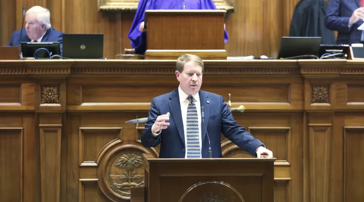 South Carolina Sen. Shane Martin, R-Pauline. speaks in favor of a bill that would allow anyone who could legally own a gun to carry the weapon openly on Wednesday, Jan. 24, 2024, in Columbia, S.C. (AP Photo/Jeffrey Collins)