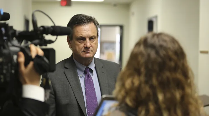 South Carolina Sen. Tom Davis, R-Beaufort, speaks to reporters about a medical marijuana bill he has supported for seven years on Wednesday, March 31, 2021, in Columbia, South Carolina. Davis said he thinks the bill can pass this year. (AP Photo/Jeffrey Collins)