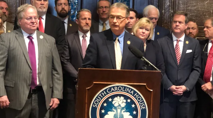  Rep. David Hiott, R-Pickens and members of the SC House Republican Caucus during a Statehouse news conference on January 19, 2023. 