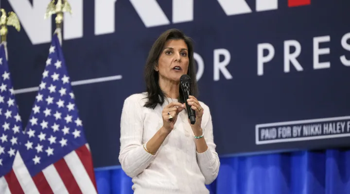 Republican presidential candidate former UN Ambassador Nikki Haley speaks at a campaign event on Monday, Feb. 19, 2024, in Greer, S.C. (AP Photo/David Yeazell)