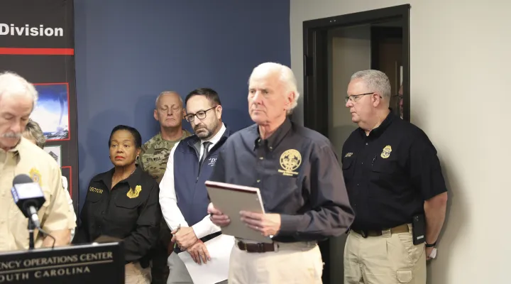 South Carolina Gov. Henry McMaster listens as state officials give briefings about their agencies during a news conference Thursday, Oct. 3, 2024, in West Columbia, S.C. (AP Photo/Jeffrey Collins)