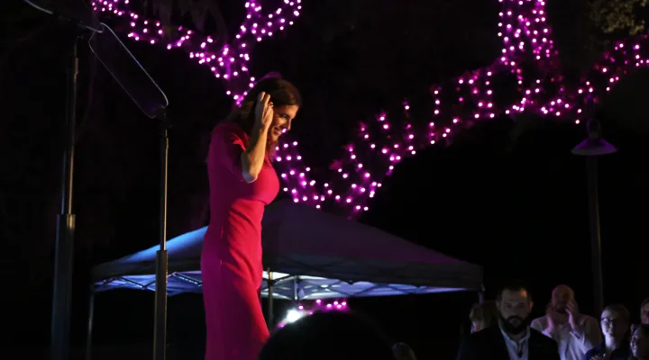 Republican incumbent Nancy Mace leaves the stage on Daniel Island after thanking supporters for sending her to Congress for a third term to represent the 1st Congressional District. Nov. 5, 2024.