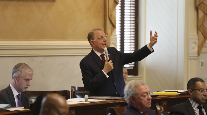 South Carolina Sen. Mike Fanning, D-Great Falls, speaks about a bill that would limit the land holdings of foreign adversaries in the state on Wednesday, March 22, 2023, in Columbia, S.C. (AP Photo/Jeffrey Collins)