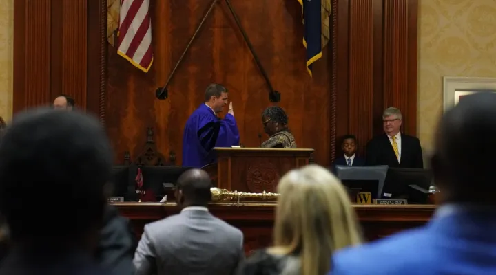 South Carolina Rep. Murrell Smith, R-Sumter, is sworn in by state Rep. Gilda Cobb-Hunter, D-Orangeburg, on Tuesday, Dec. 3, 2024, after winning reelection to serve his second two-year term as speaker of the House of Representatives.