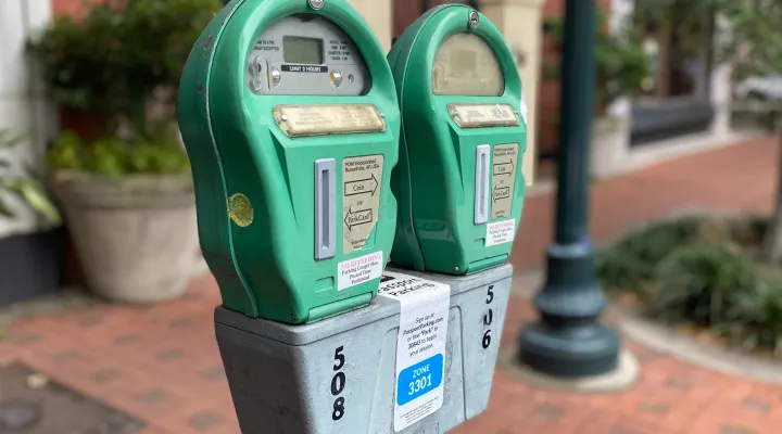 Coin-fed parking meters on Main Street in Columbia, South Carolina.