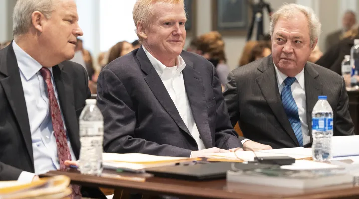 Alex Murdaugh sits with his attorneys before he takes the stand in his trial for murder at the Colleton County Courthouse on Thursday, Feb. 23, 2023 in Walterboro, S.C. ( Joshua Boucher/The State via AP, Pool)