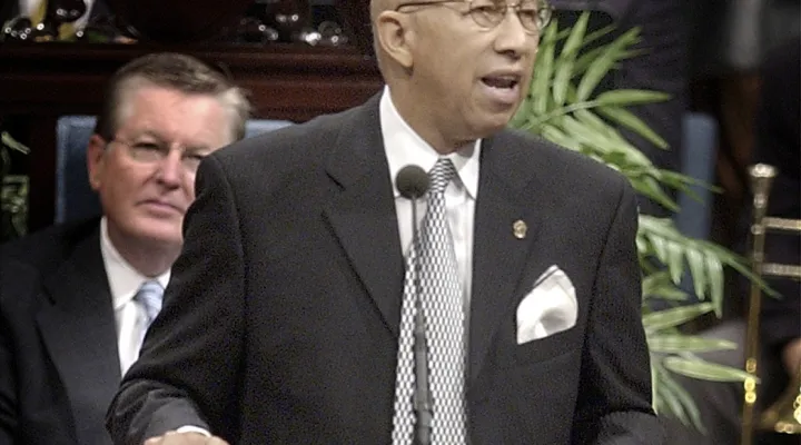FILE - South Carolina state Sen. Kay Patterson eulogizes former Sen. Strom Thurmond, R-S.C., during Thurmond's funeral service at First Baptist Church in Columbia, S.C., Tuesday, July 1, 2003. (Tim Dominick/The State via AP, Pool, File)