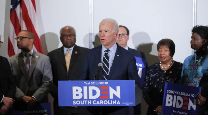 Democratic presidential candidate and former Vice President Joe Biden speaks as he is endorsed by House Majority Whip, Rep. Jim Clyburn, D-S.C., background second left, at an event in North Charleston, S.C., Wednesday, Feb. 26, 2020.