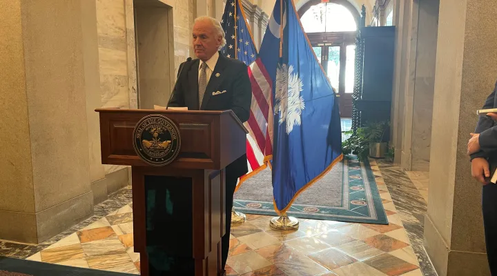 S.C. Gov. Henry McMaster speaks to reporters on Wednesday, Jan. 15, 2025, at the Statehouse about the audit over the $1.8 billion accounting error and Dr. Ed Simmer's appointment to lead the new public health department.