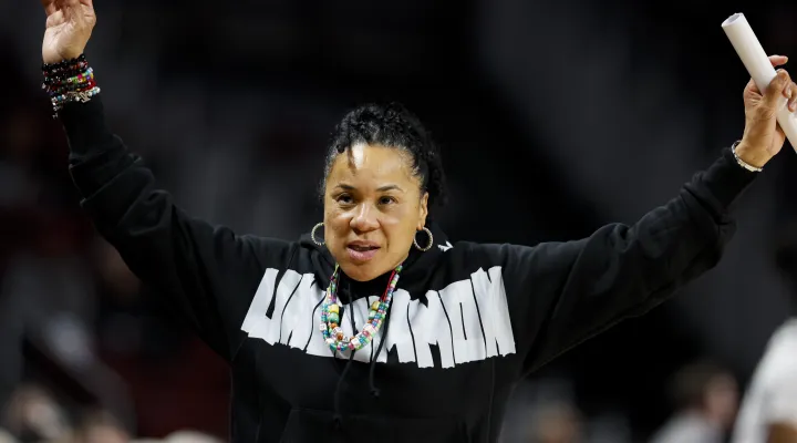 South Carolina head coach Dawn Staley gestures on the sideline during the second half of an NCAA college basketball game against Charleston Southern in Columbia, S.C., Thursday, Dec. 19, 2024. (AP Photo/Nell Redmond)