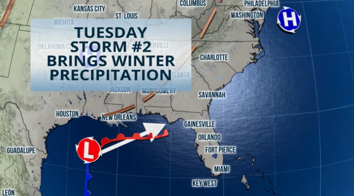 A low pressure system emerging from the Gulf of Mexico will affect the Gulf State during the beginning of the week and continue over the Southeast, brining rounds of mixed precipitation and even snow across some southern states.