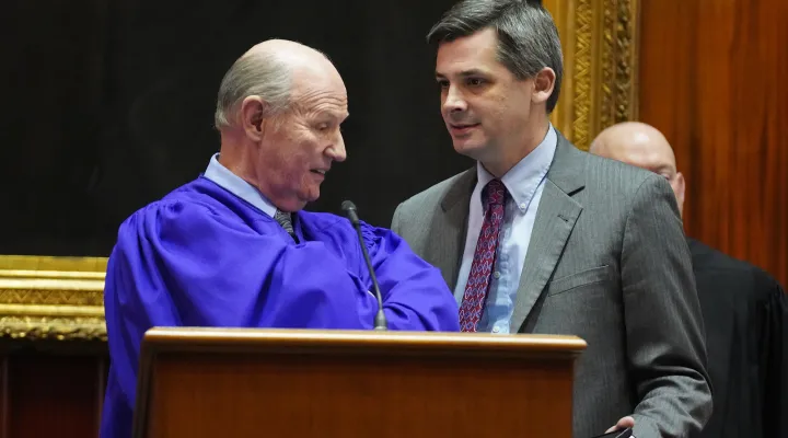 S.C. Senate President Thomas Alexander, R-Oconee, speaks with Senate Majority Leader Shane Massey, R-Edgefield, on Jan. 15, 2025 in the S.C. Senate.
