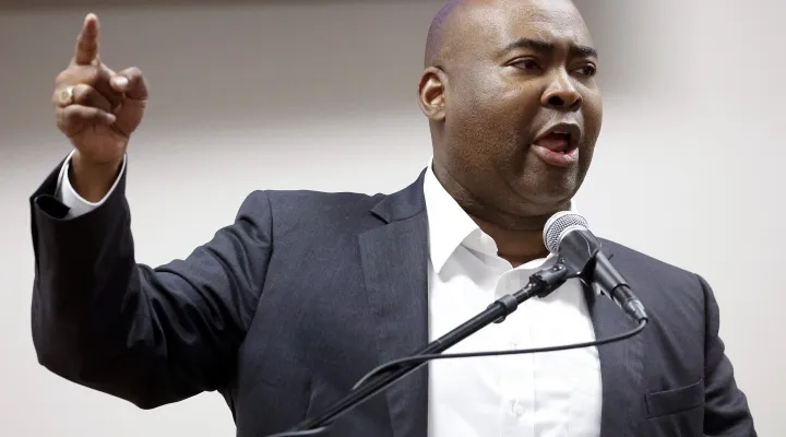 FILE - Jaime Harrison, chair of the Democratic National Committee, speaks at a meeting of the Democratic Committee of North Carolina at the Word of Tabernacle Church in Rocky Mount, N.C., May 23, 2024. (AP Photo/Karl B. DeBlaker, File)