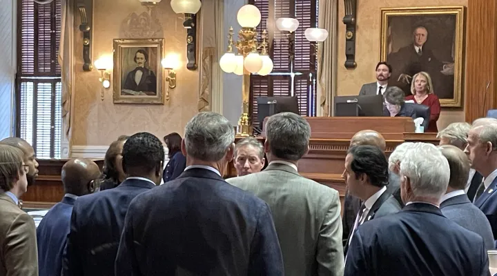 S.C. senators huddle Thursday, Jan. 30, 2025, in the Senate chamber during a debate about the state Education Lottery-funded K-12 education voucher bill. In the middle is the bill's sponsor, Senate Education Chairman Greg Hembree, R-Horry.