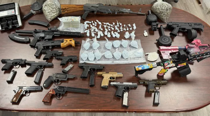 Pounds of fentanyl, crack cocaine, and marijuana were seized from a Chester home Friday, along with 17 guns.