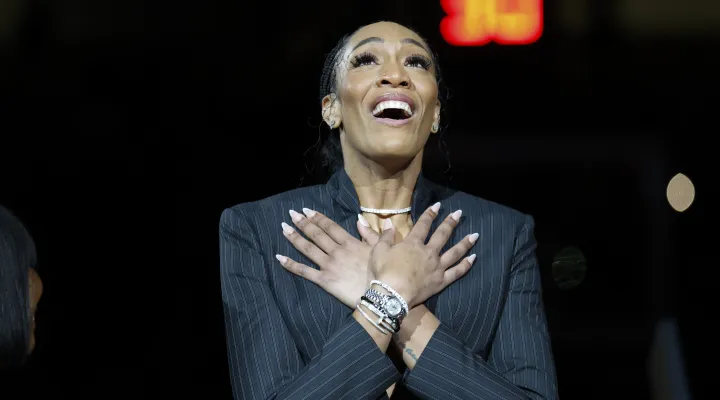 A'ja Wilson attends a ceremony to retire her number before an NCAA college basketball game between South Carolina and Auburn in Columbia, S.C., Sunday, Feb. 2, 2025. (AP Photo/Nell Redmond)