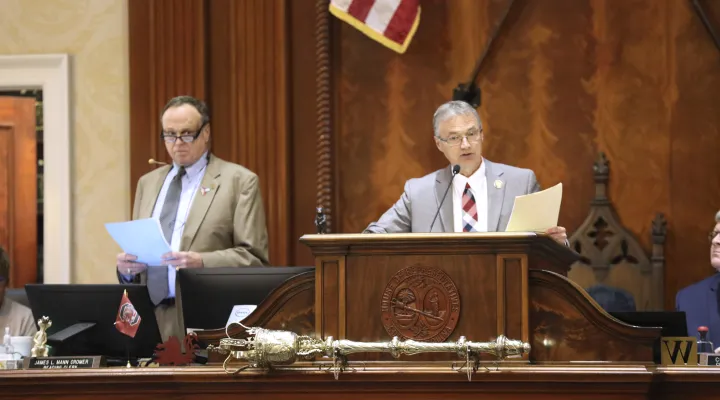 South Carolina Rep. Davey Hiott, R-Pickens, presides over the House as Speaker as the chamber begin debating an abortion bill on Tuesday, May 16, 2023, in Columbia, South Carolina. (AP Photo/Jeffrey Collins)