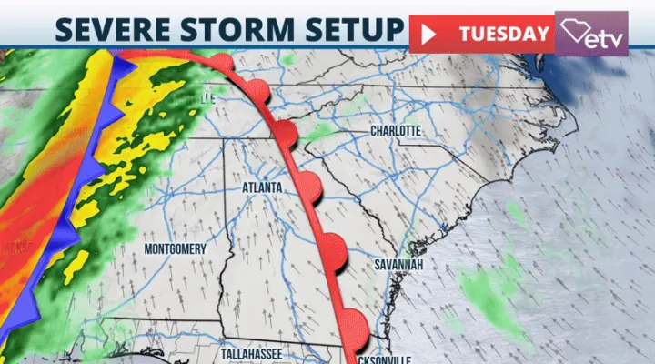 A line of severe storms will move through South Carolina. Expect some severe storms to push through between the morning and be out by early afternoon.