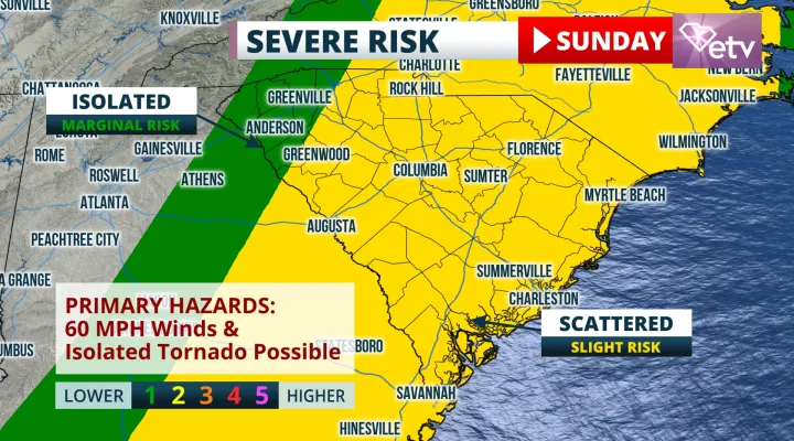 Severe weather risk increases for South Carolina on Sunday.