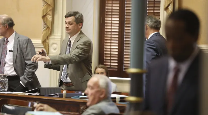 South Carolina Senate Majority Leader Shane Massey, R-Edgefield, moves that the Senate adjourn after members failed to reach a compromise on a bill to change how lawsuits are handled in civil courts on Thursday, March 13, 2025 in Columbia, S.C. (AP Photo/Jeffrey Collins)