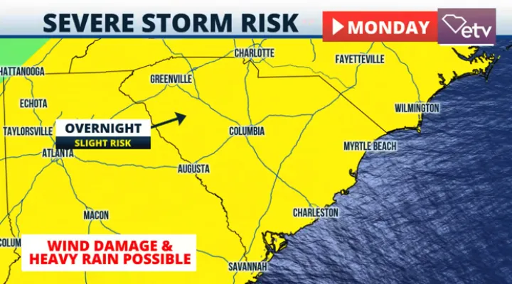 Severe storms could produce damaging winds and isolated tornadoes on Monday.