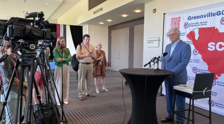 S.C. Treasurer Curtis Loftis speaks to reporters Monday, April 14, 2025, at the Greenville County Republican Party Convention in Greenville, S.C.