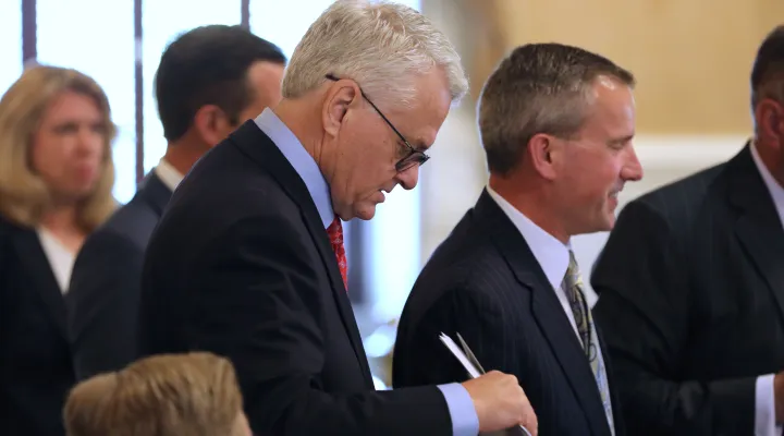 Republican South Carolina Treasurer Curtis Loftis prepares for a hearing in the Senate that could start the process of removing him from office on Monday, April 21, 2025, in Columbia, S.C. (AP Photo/Jeffrey Collins)