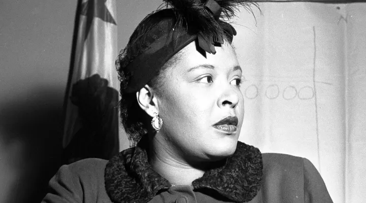 Billie Holiday in court during contract lawsuit in Los Angeles, Calif., 1949