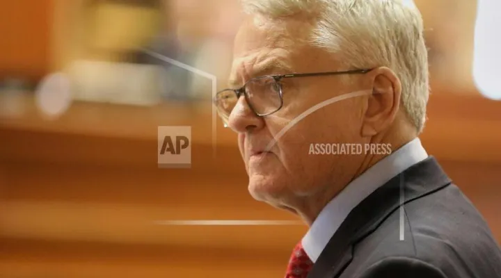 Republican South Carolina Treasurer Curtis Loftis answers questions during a hearing in the Senate that could start the process of removing him from office on Monday, April 21, 2025, in Columbia, S.C. (AP Photo/Jeffrey Collins)