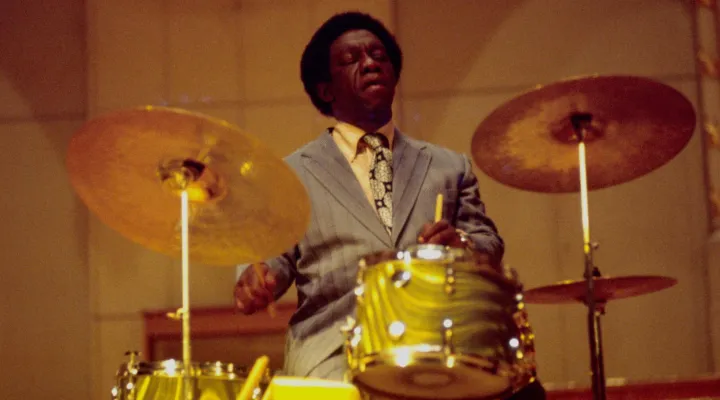 Art Blakey touring in 1973 as part of the "Giants of Jazz" bill in Hamburg, Germany.