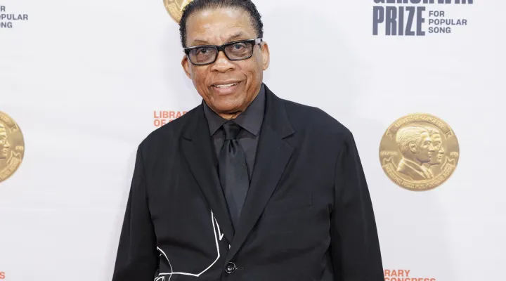 Herbie Hancock poses on the red carpet during an award reception at the Library of Congress for 2023 Gershwin Prize for Popular Song honoree Joni Mitchell, February 28, 2023.
