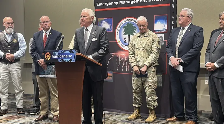 Gov. Henry McMaster speaking at the 2025 Hurricane Tabletop Exercise alongside members of his cabinet.