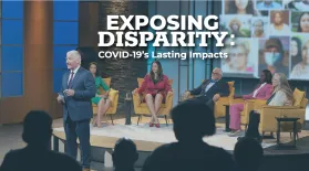 Exposing Disparities logo with image of host and panel in the background