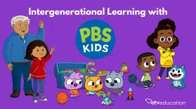 graphic showing the words Intergenerational Learning with PBS KIDS on a purple background with ETV Education logo and various PBS KIDS character images