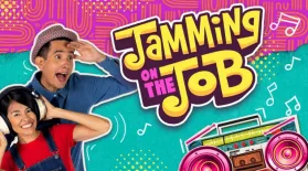 graphic showing PBS KIDS Jamming on the Job hosts and a boombox with sound symbols