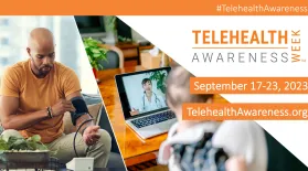 images of telehealth services with telehealth awareness week, the web address and social media hashtag