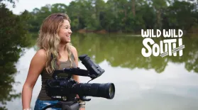 image of host hyatt holding camera in marsh with series logo in background