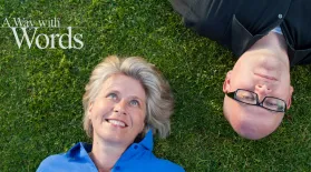 a way with words hosts laying in grass with show title in left upper corner.