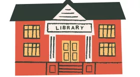 graphic of a building with sign saying 'library'