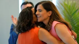 Former state Rep. Katie Arrington, left, hugs U.S. Rep. Nancy Mace, right, after giving her public support for her campaign on Thursday, June 16, 2022, in Charleston, S.C. Mace defeated the Trump-backed Arrington in South Carolina's 1st District Republican primary on Tuesday. (AP Photo/Meg Kinnard)