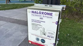 FILE - A box containing free doses of naloxone, a nasal spray medication to reverse drug overdoses, is installed at Ontario Beach Park in Rochester, N.Y., on Monday, Sept. 2, 2024. (AP Photo/Ted Shaffrey, File)